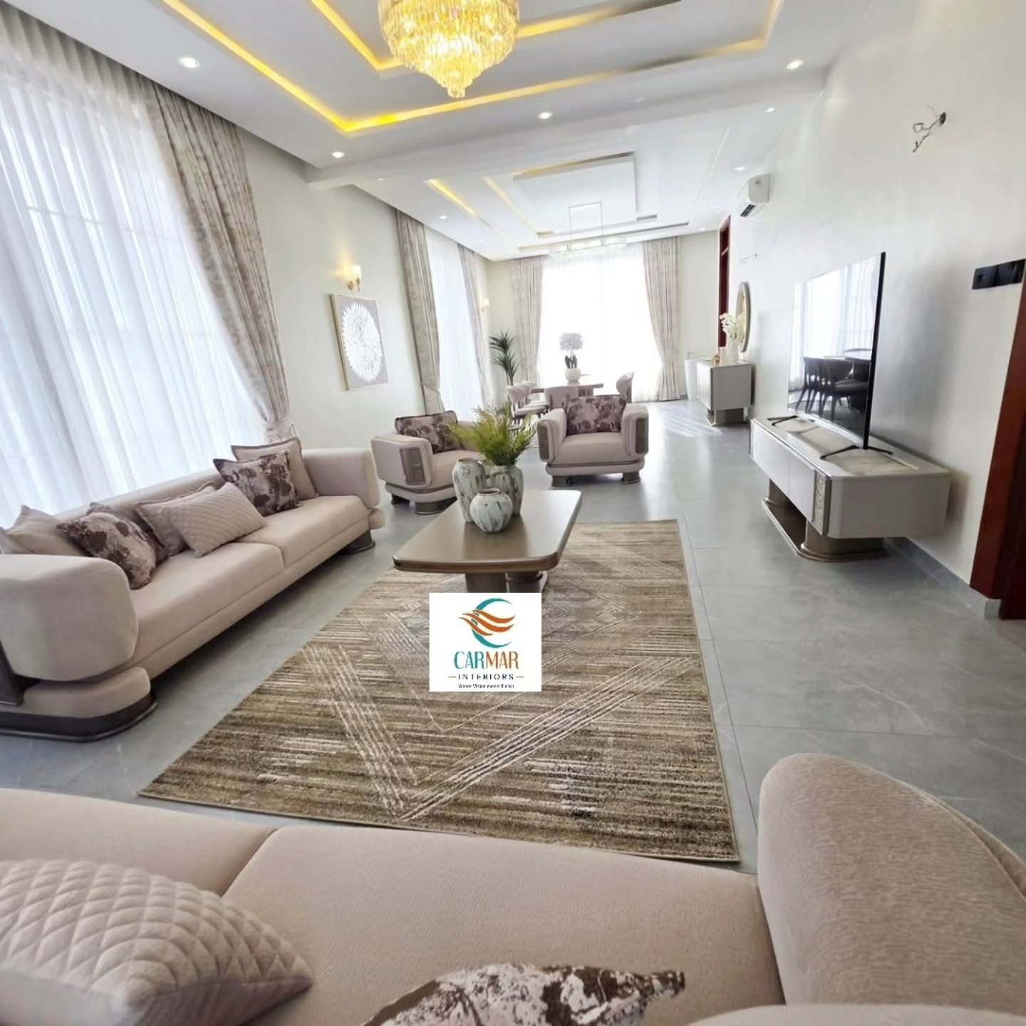 Complete living room interior with curtains, furniture and soft furnishings